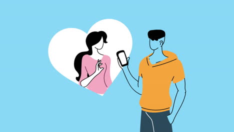 young couple lovers characters with smartphone