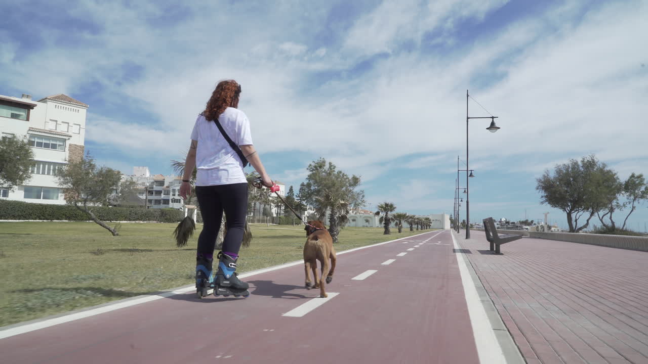 girl in line skate with her dog