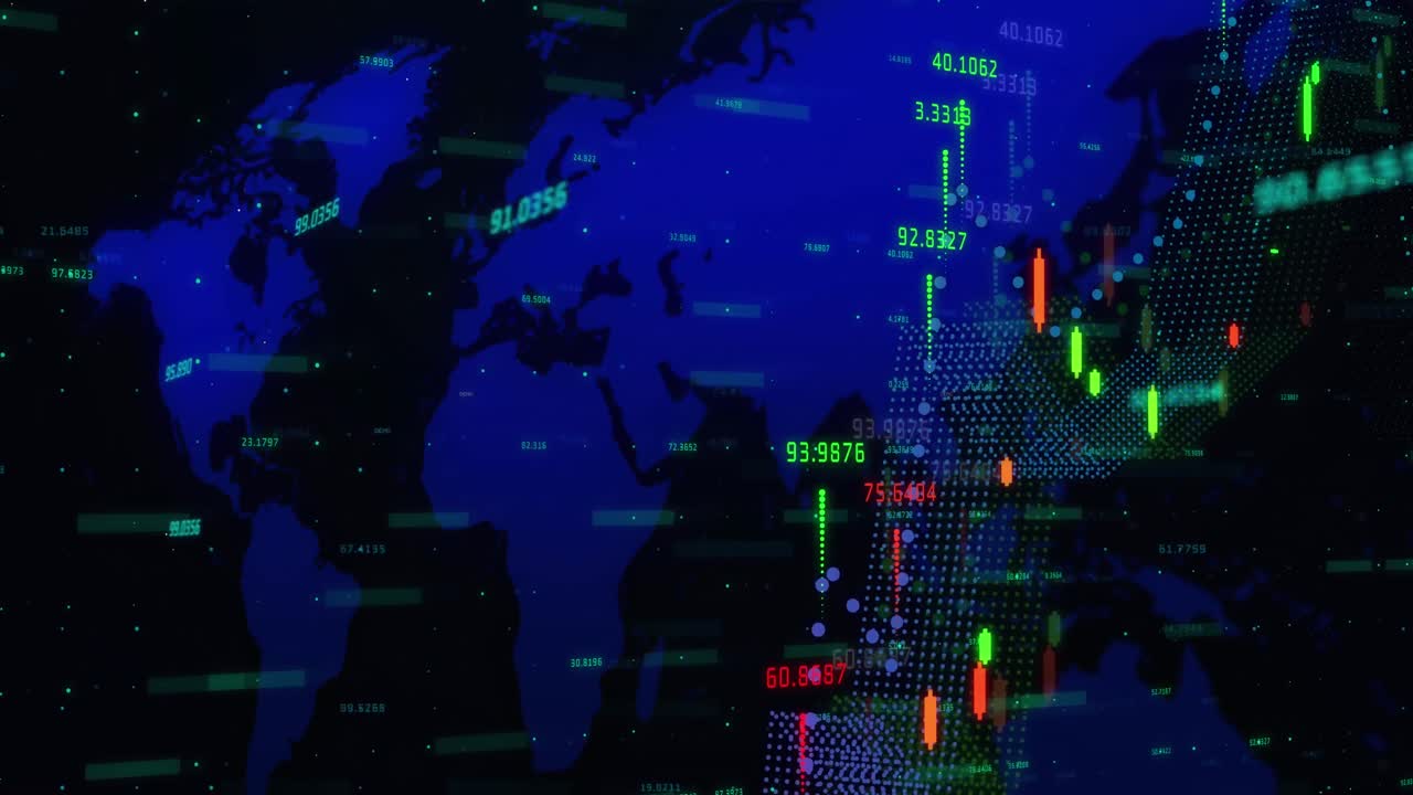 animación del procesamiento de datos financieros sobre el mapa del mundo en fondo negro