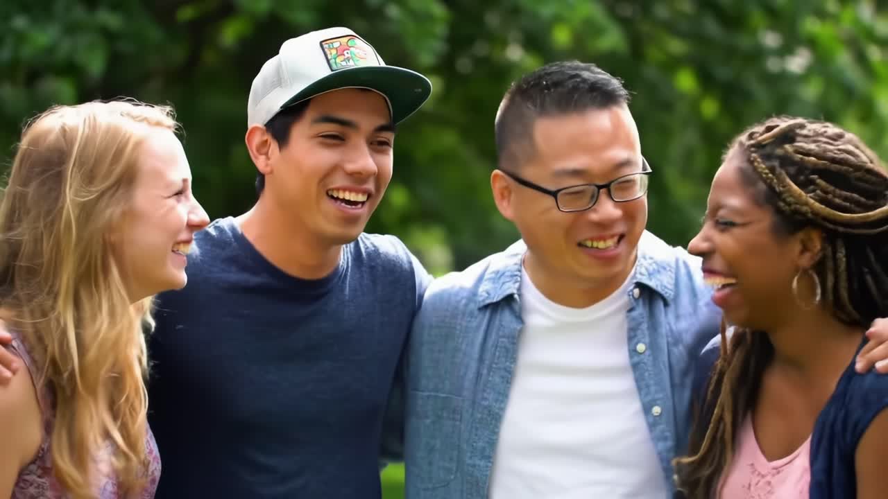 Friendship and Laughter Among Diverse Group in Sunny Park During Summer Afternoon