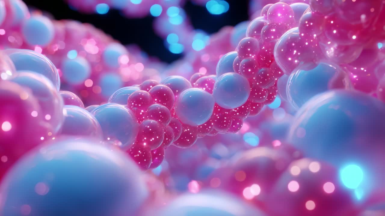 A mesmerizing composition of colorful spheres intertwined in a captivating 3D space, featuring vibrant pink and blue hues with a sparkling glow that draws the eye and ignites the imagination