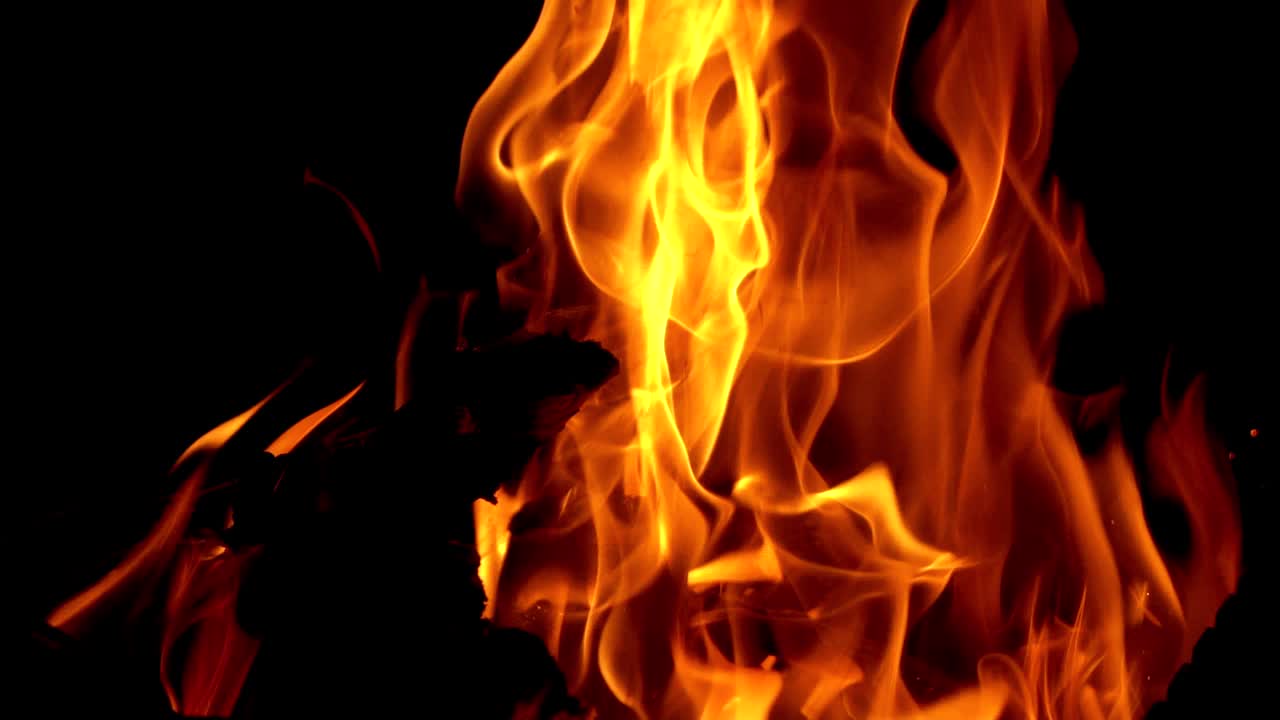 Campfire burning at night. Slow motion of fire at bonfire in the dark, closeup