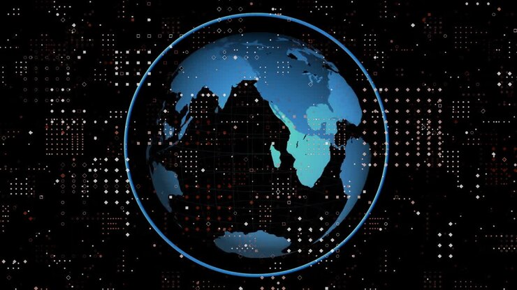 Animation of digital data processing over globe on dark background