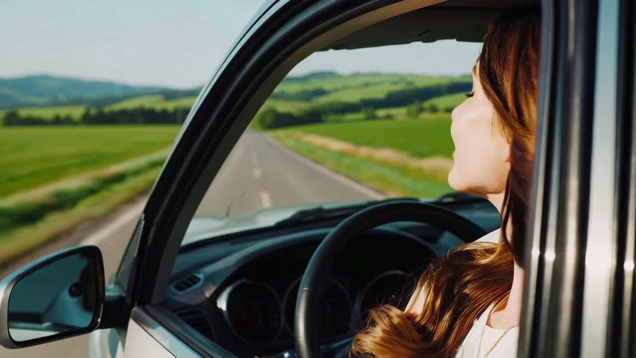 Woman Enjoying the Breeze on a Scenic Road Trip