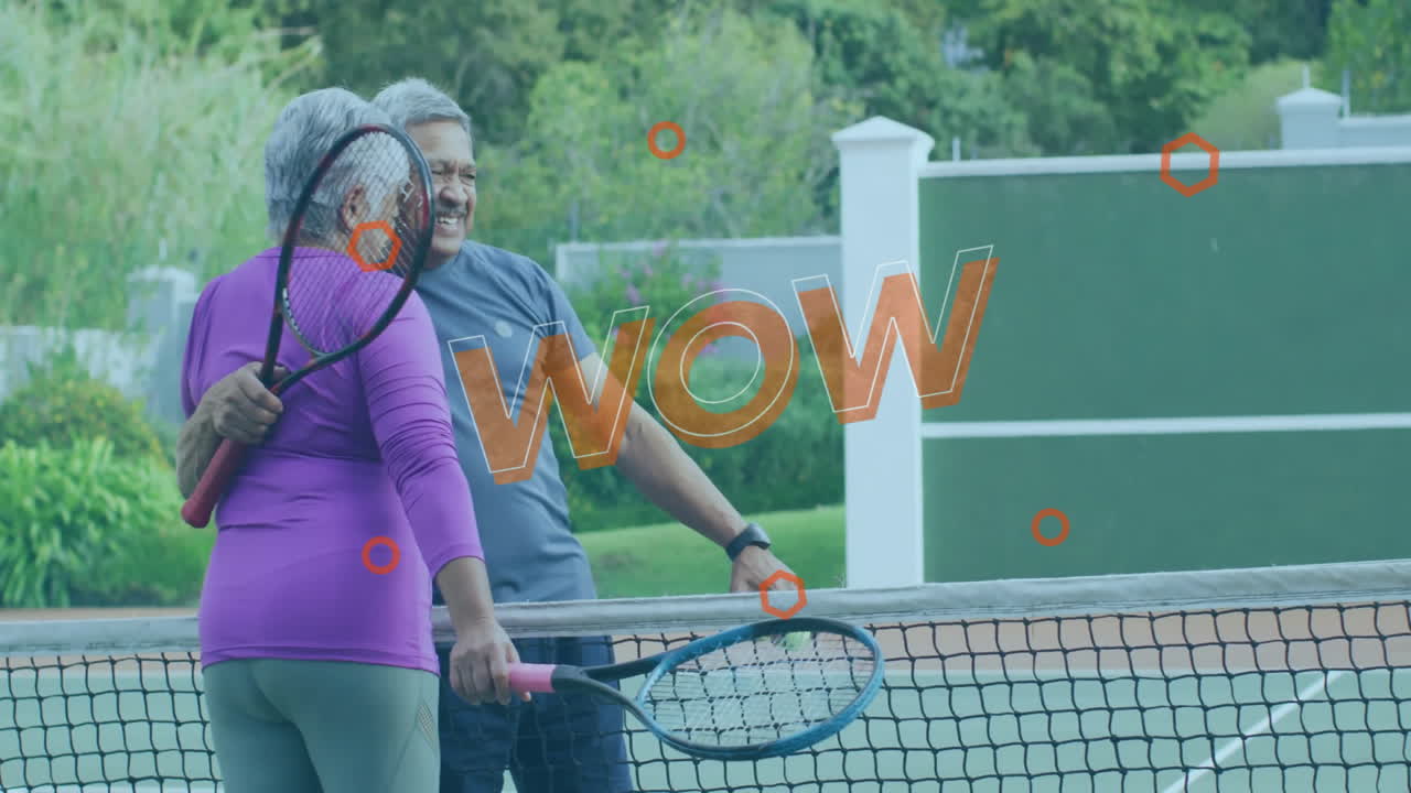 Senior couple embracing at tennis net, displaying floating health graph and animated racket stats