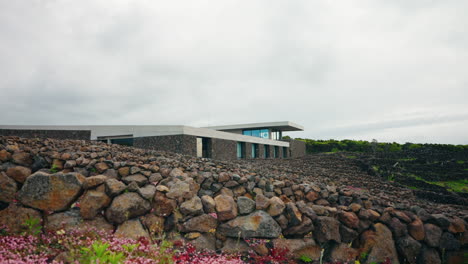 Primer-Plano-De-La-Compañía-Vinícola-Ubicada-Alrededor-De-La-Roca-De-Lava-De-Las-Paredes-De-Los-Viñedos-En-Las-Azores,-Portugal