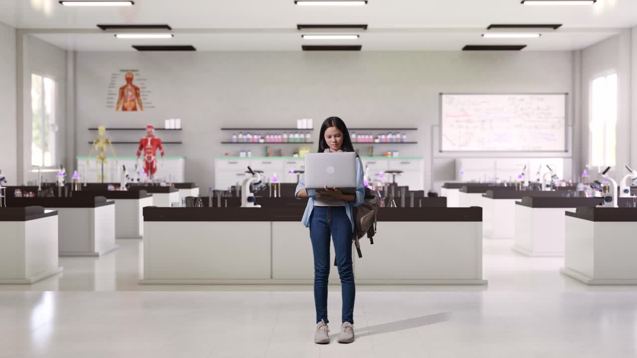 cuerpo lleno de estudiante adolescente asiática con una mochila sonriendo y escribiendo en una computadora portátil mientras estaba de pie en el laboratorio de ciencias