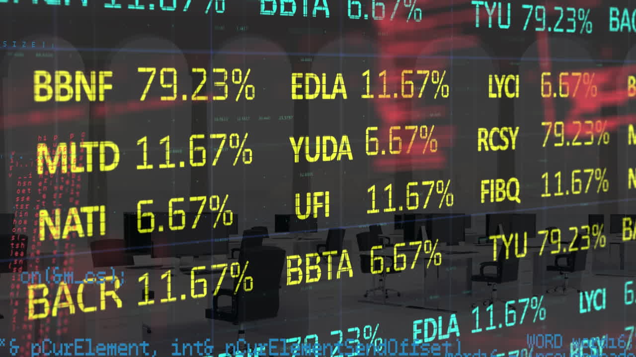 Animazione di elaborazione dati e borsa valori su un ufficio