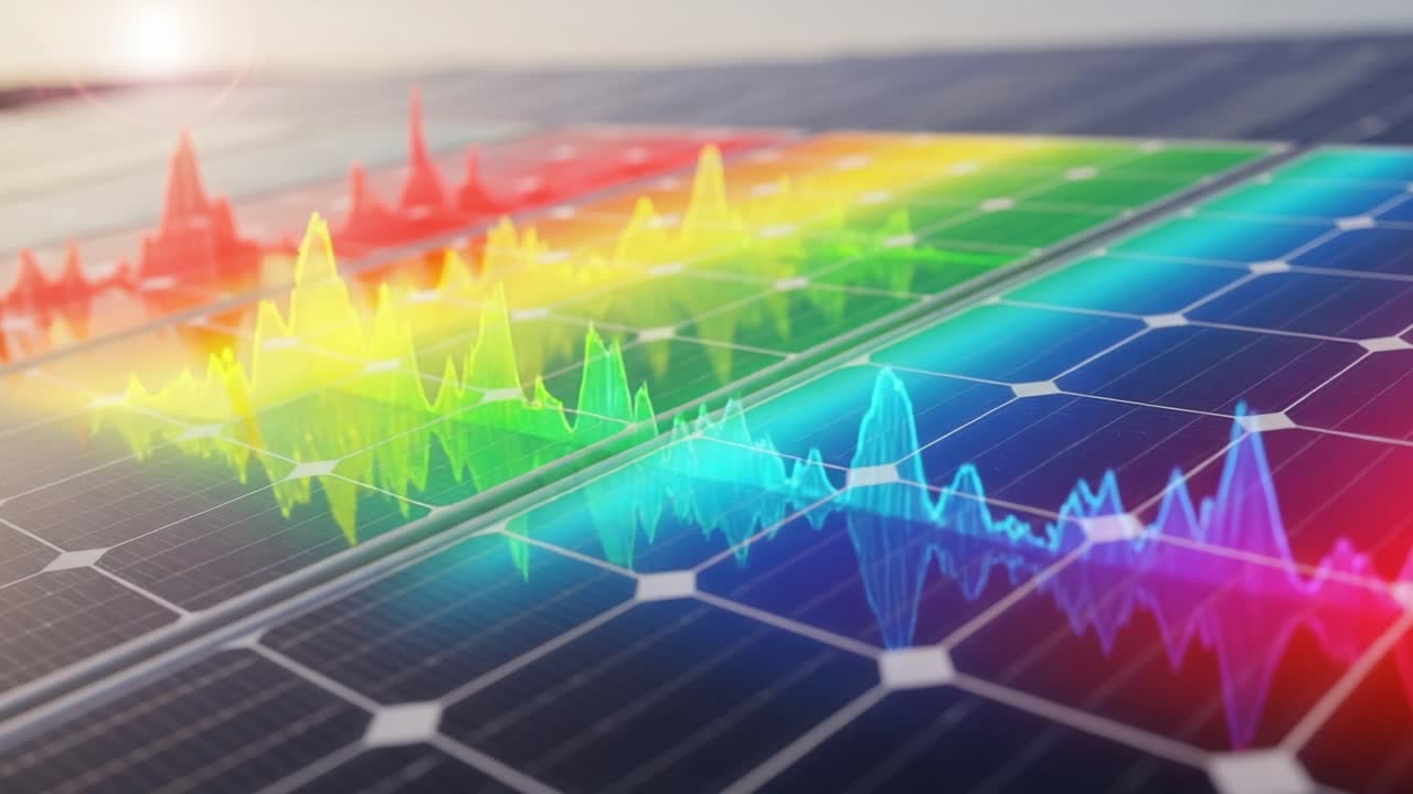 Vibrant Energy Graphs Overlapping Solar Panels: A Stunning Visual Representation of Solar Power Generation and Sustainable Energy Trends in Modern Technology