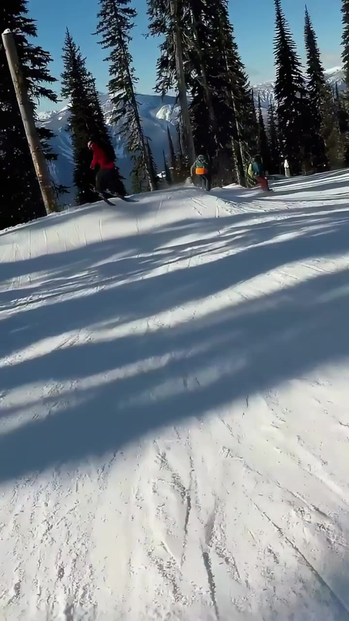 Vertical video: Exiting blue tunnel, cam following group in bright jackets skiing on run for fun