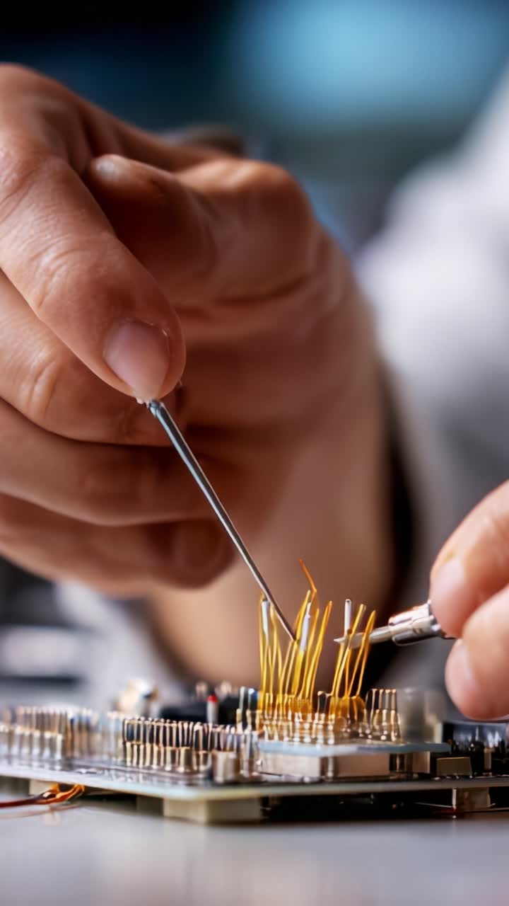 Assemblaggio complesso di componenti elettronici: primo piano del lavoro di precisione su un circuito stampato con fili delicati e componenti sensibili a fuoco