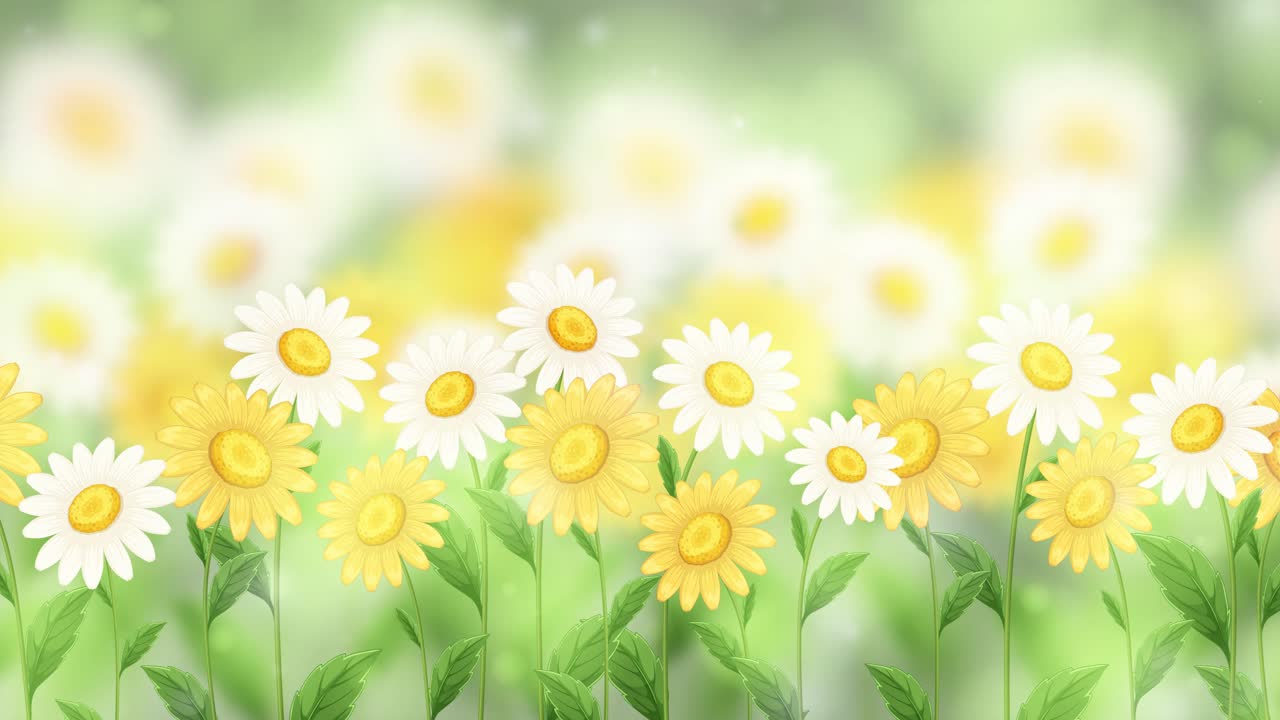 Un'animazione serena di fiori di cosmo che ondeggiano dolcemente in una luce soffusa e diffusa, creando un'atmosfera calma e pacifica