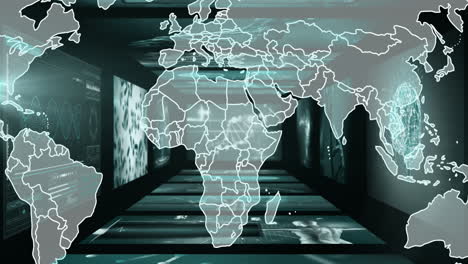digital animation of world map overlay in futuristic school corridor