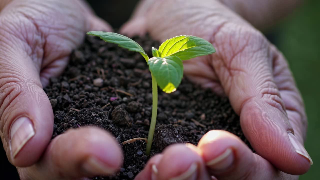 Hands holding a young seedling