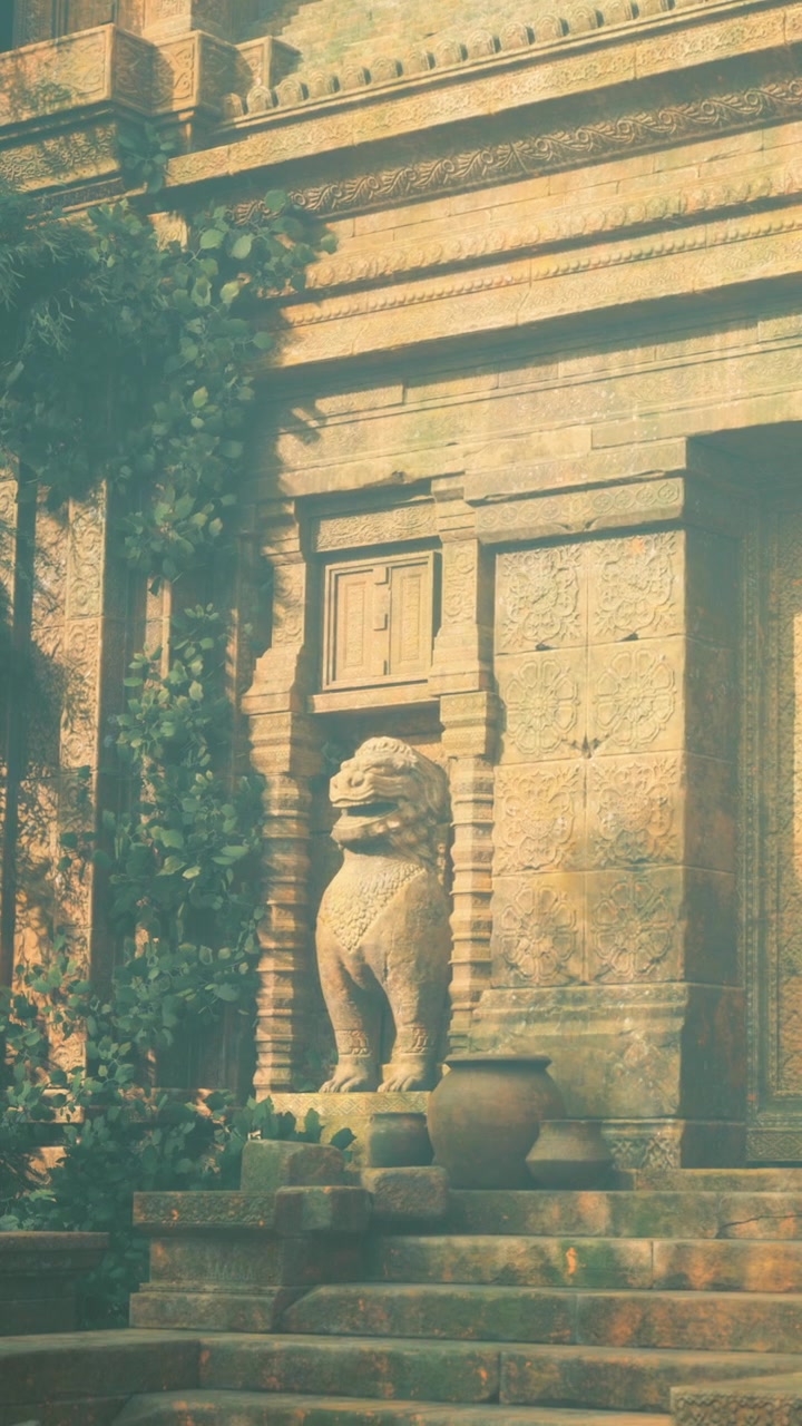 Antico leone guardiano di pietra all'ingresso di un tempio mistico nella giungla
