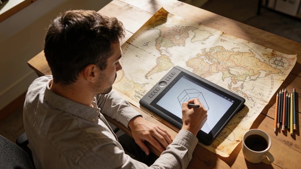 Voksen mand i skjorte placerer stylus og tegner en lagdelt sekskant på en tablet oven på et kort til design.