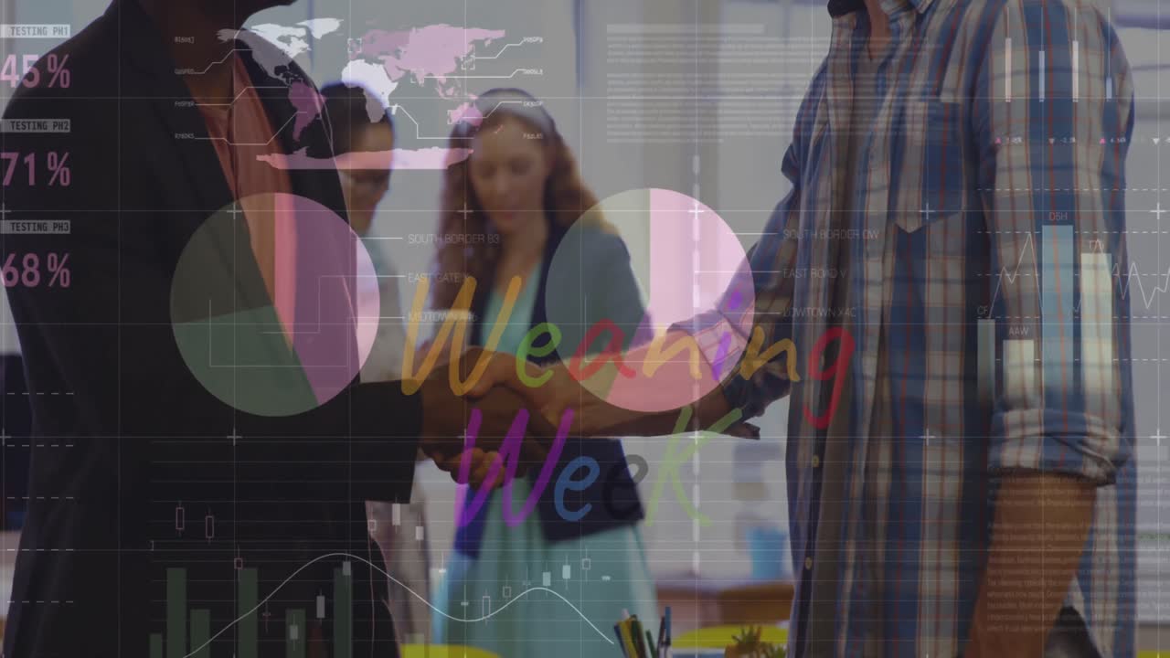 animación de la semana de destete procesamiento de texto y datos sobre diversos empresarios estrechando la mano