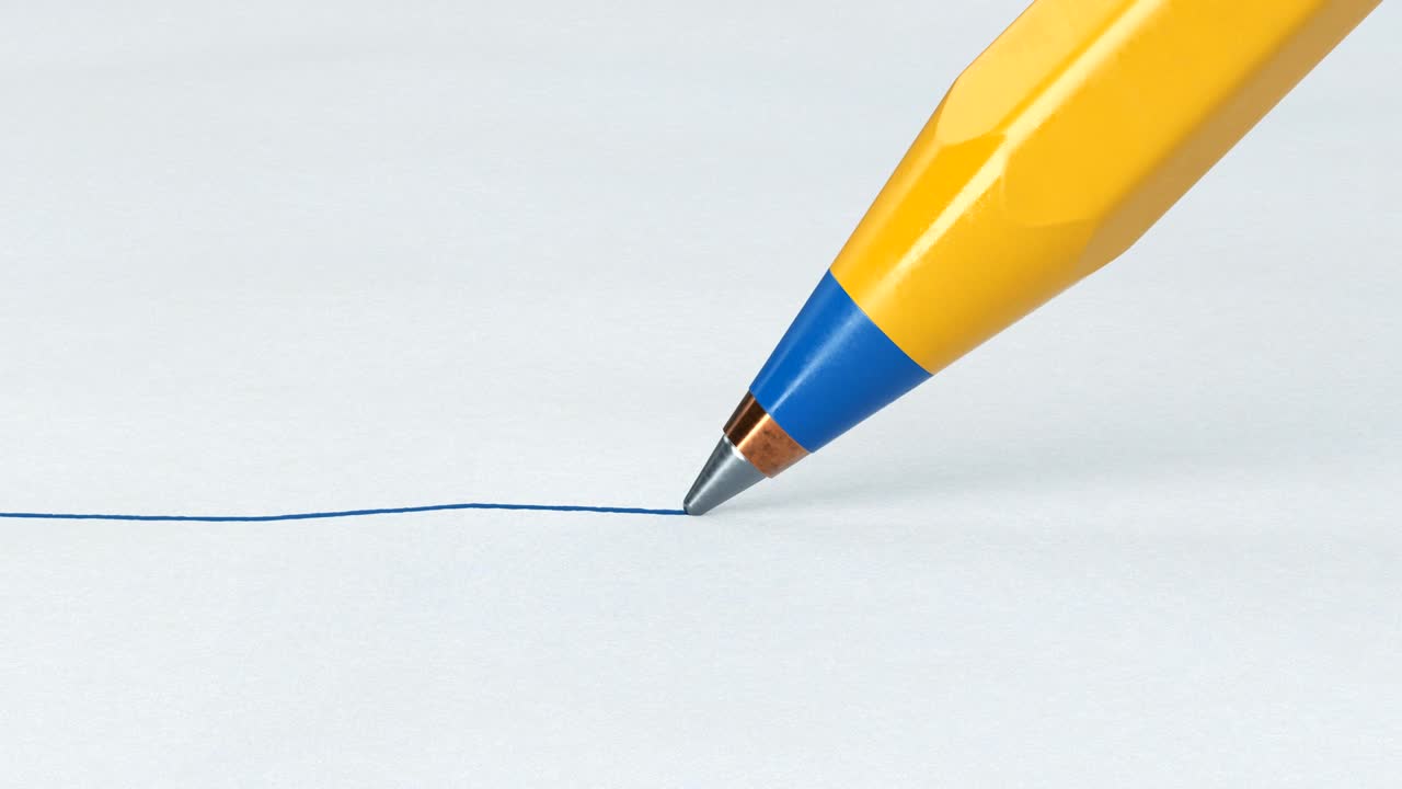 은 종이 시트에 아름다운 펜 클로즈업 드로잉 블루 라인, 루프 3d 애니메이션, 추상적인 글쓰기 및 드로잉 과정, 비즈니스 및 디자인 개념.