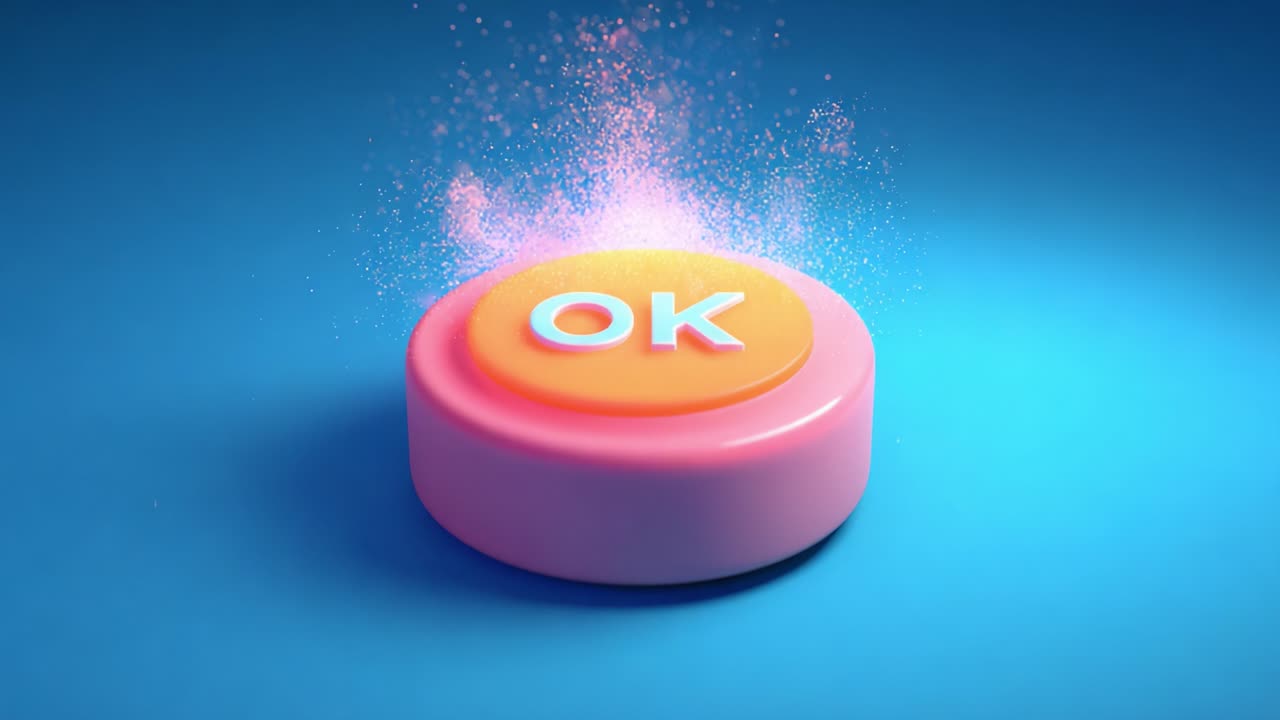 A Vibrant and Engaging Animated Sequence Featuring an Illuminated 'OK' Button Surrounded by a Colorful Dust-like Effect on a Bright Blue Background