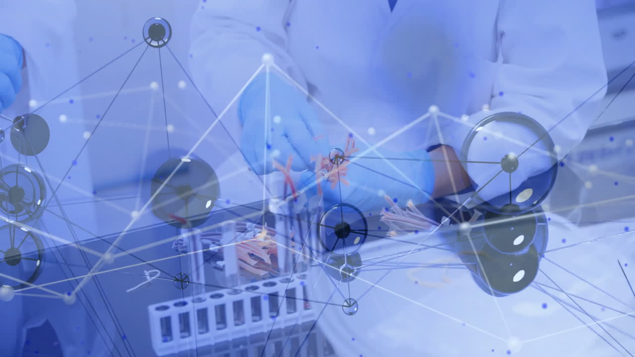 Hands in blue gloves handling orange pipette tips with data network overlay flowing over benchtop