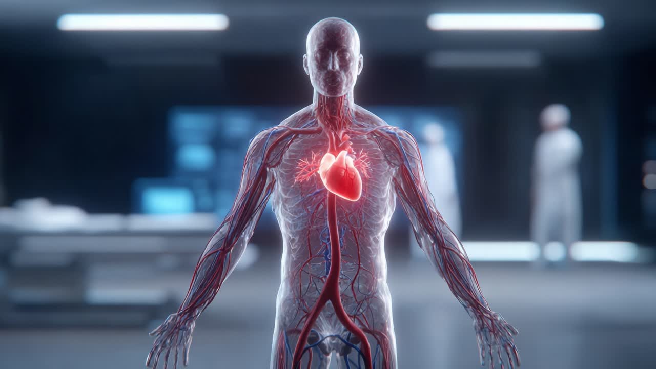Anatomical Illustration of the Human Body Featuring a Focused Heartbeat, Emphasizing the Circulatory System and Vital Organs in a Medical Environment