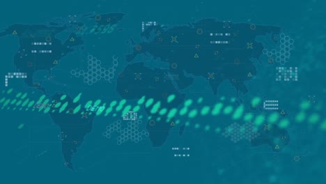 Animation-of-data-processing-over-world-map-on-blue-background