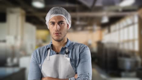 caucasian man wearing a protective cap and white apron in a warehouse