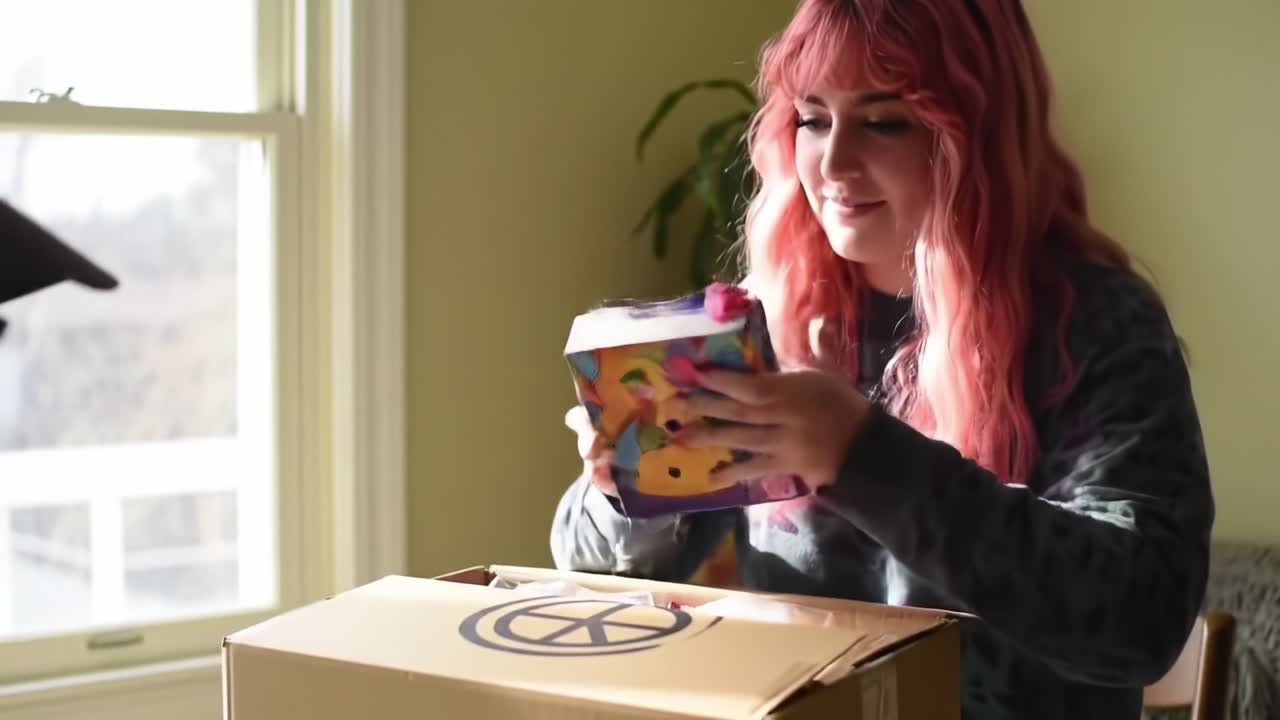 Friends gather inside a welcoming home, eager to see the contents of a mystery box. Laughter fills the air as they handle the package, unveiling hidden surprises together.