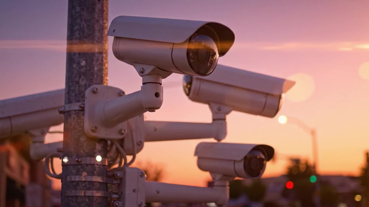Telecamere di sorveglianza al crepuscolo: uno sguardo alla moderna tecnologia di sicurezza e al suo ruolo nella sicurezza e nel monitoraggio urbano mentre il sole tramonta in un cielo colorato.
