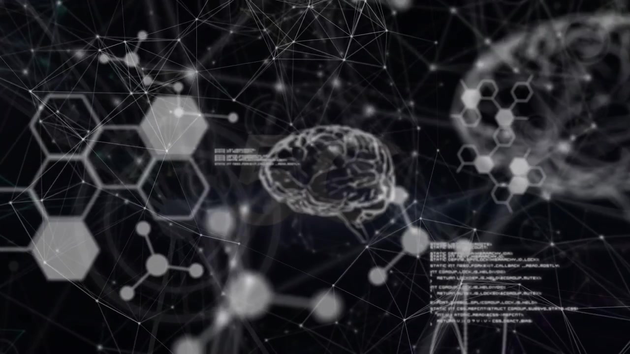 Animation of chemical formulas and brain over connections on black background