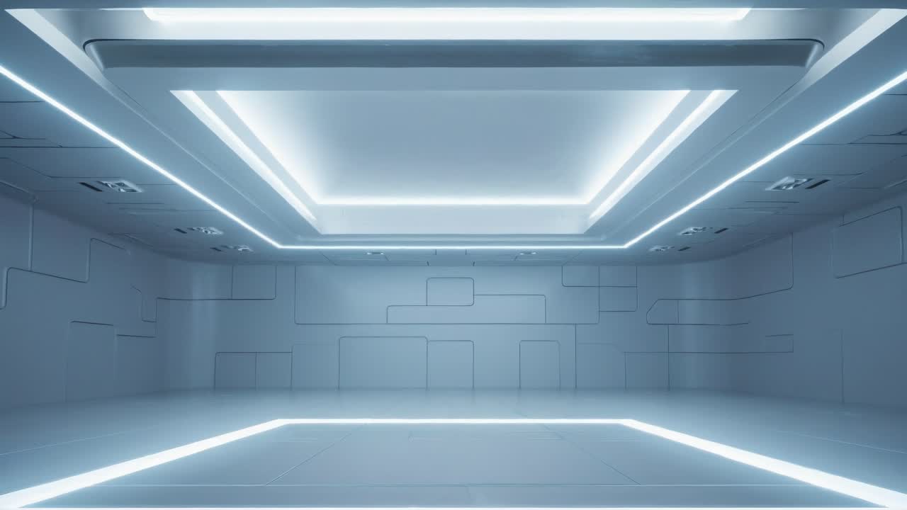 Futuristisk rum med glødende linjer, set fra en lav vinkel. Det slanke, minimalistiske design er ideelt.