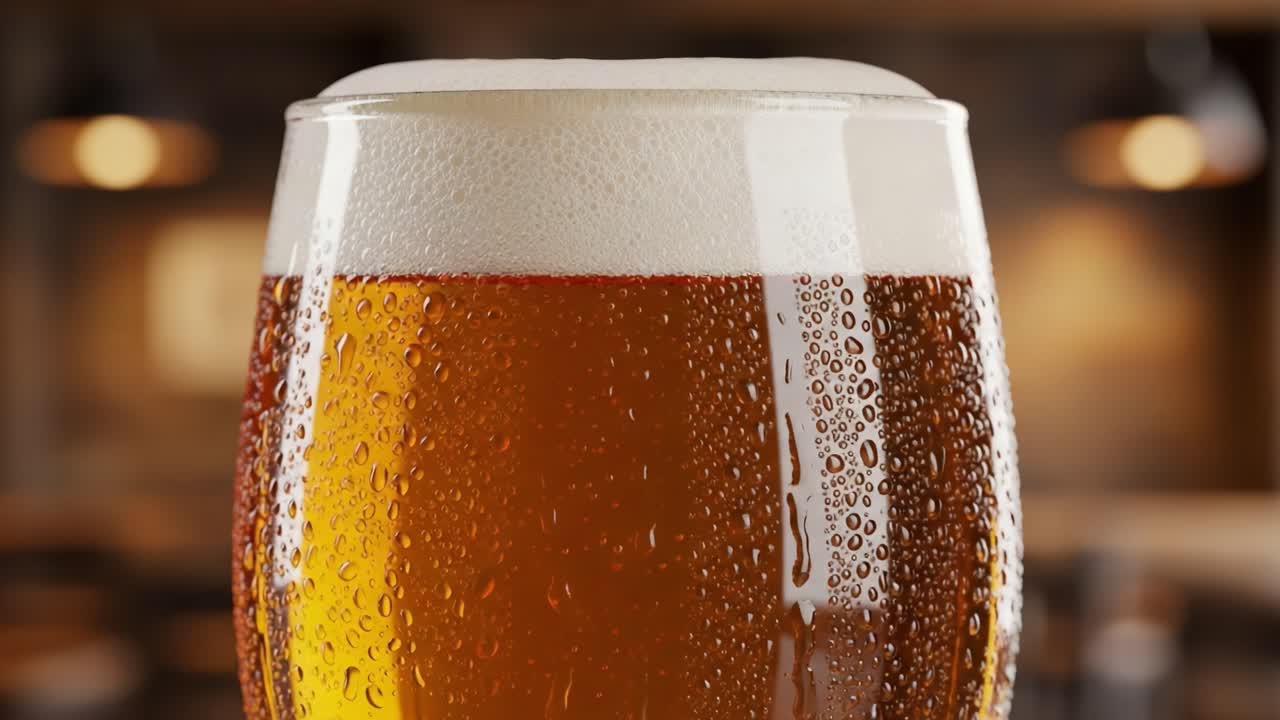 A Refreshing Glass of Beer with Glimmering Droplets Showcasing Rich Color and Foamy Top, Perfect for Enjoying in a Cozy Atmosphere