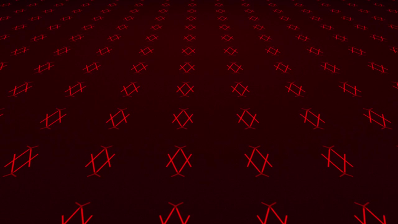 Animated bouncing vivid fading lines creating mirrored symmetrical pattern shapes on a dark gradient 3D background plane motion visual effects and moving abstract graphics colours red maroon