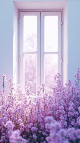 purple flowers in sunlight by a window