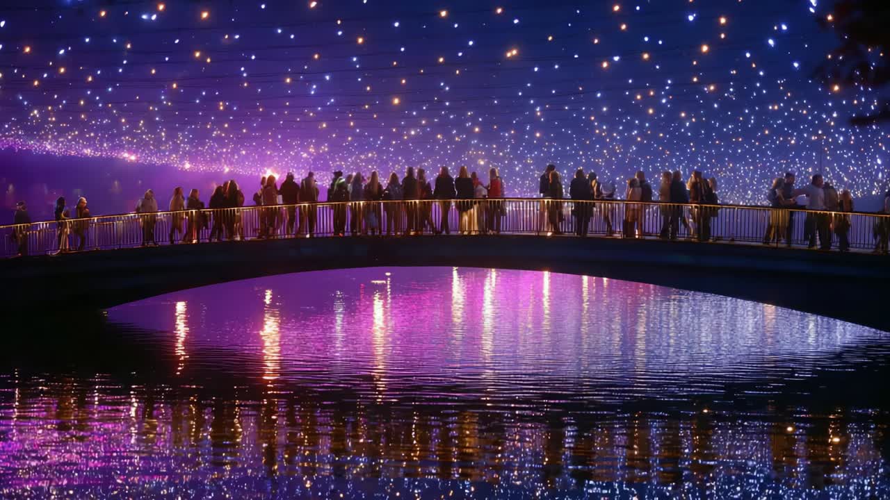 A Serene Night by the Water: A Crowd of People Gather on a Bridge Illuminated by Colorful Lights Reflecting in the Calm Water Below, Creating a Captivating Atmosphere of Unity and Celebration