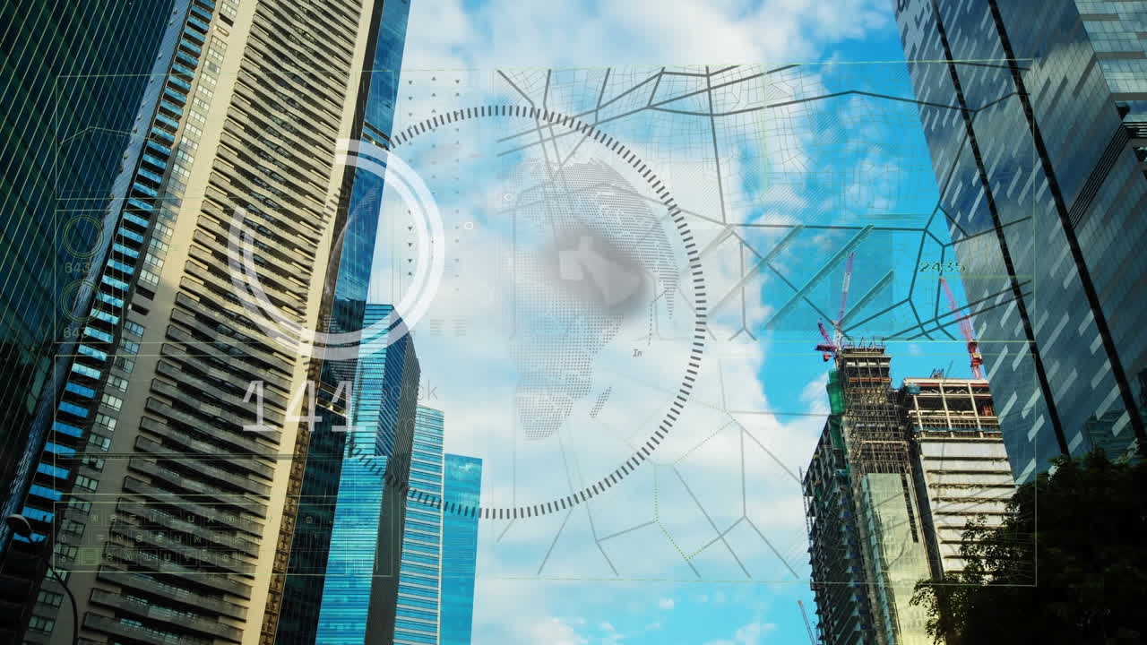 변화하는 숫자와 지구를 가진 부하 서클의 애니메이션, 건물의 낮은 각도 뷰