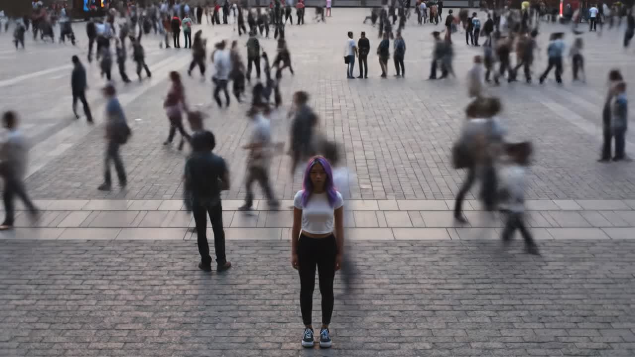 A young woman with purple hair stands alone in a bustling urban square. Surrounding her, people move quickly, creating a dynamic contrast to her stillness during the late afternoon light.
