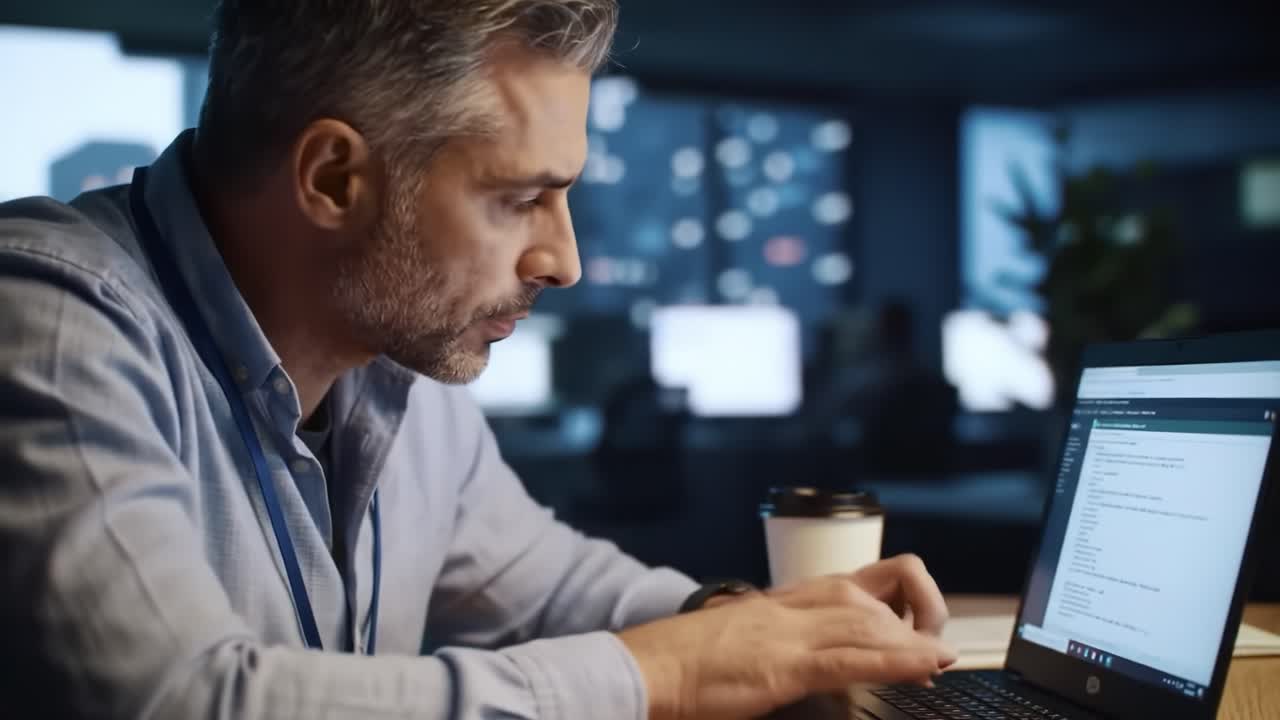 Mann jobber sent på bærbar PC på et moderne kontor