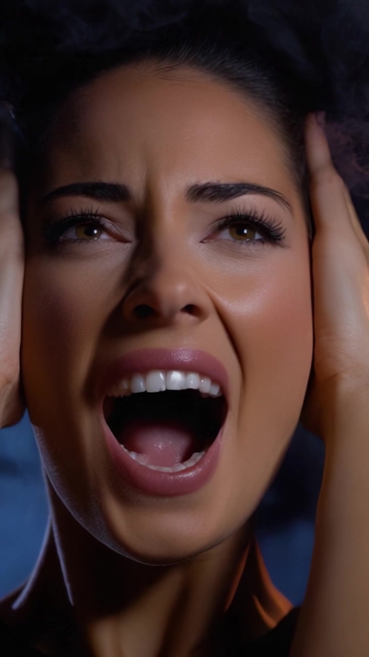 A striking portrayal of emotional distress, depicting a woman with an expression of agony, highlighting the intensity of her feelings through a powerful scream.