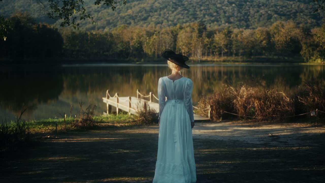 Donna elegante in abito bianco e cappello in piedi vicino a un lago sereno