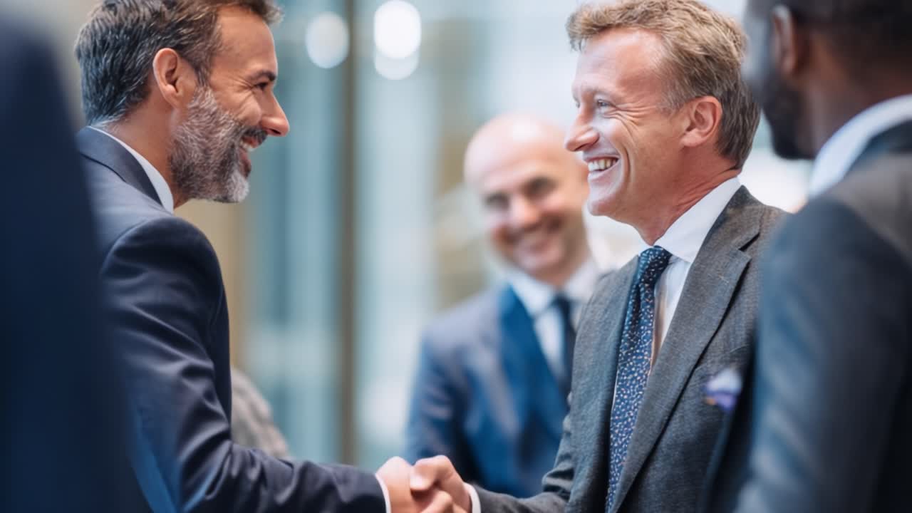 Et varmt håndtryk mellem to professionelle, der symboliserer succes og samarbejde i et virksomhedsmiljø, og fremhæver gensidig respekt og resultater