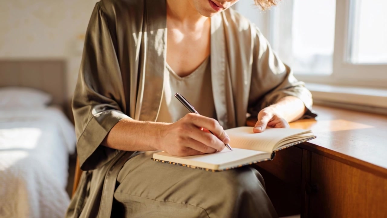 Writing woman wearing robe and dress, starting with spiral-bound notebook and pen on lap at window