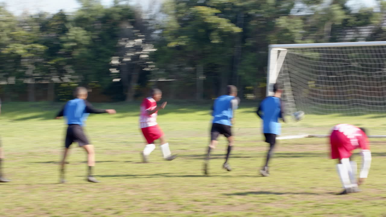 Scoring goal, soccer players celebrating on field during match, goalkeeper on ground