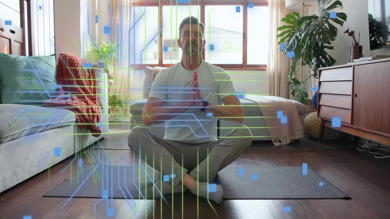 Man holding hands at chest meditating for focus, initiating wellness overlays pulsing with code