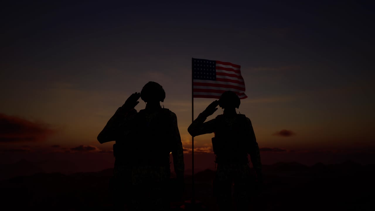 silueta de un soldado con la bandera estadounidense de pie contra el fondo de una puesta o amanecer. concepto de fiestas nacionales. día de conmemoración