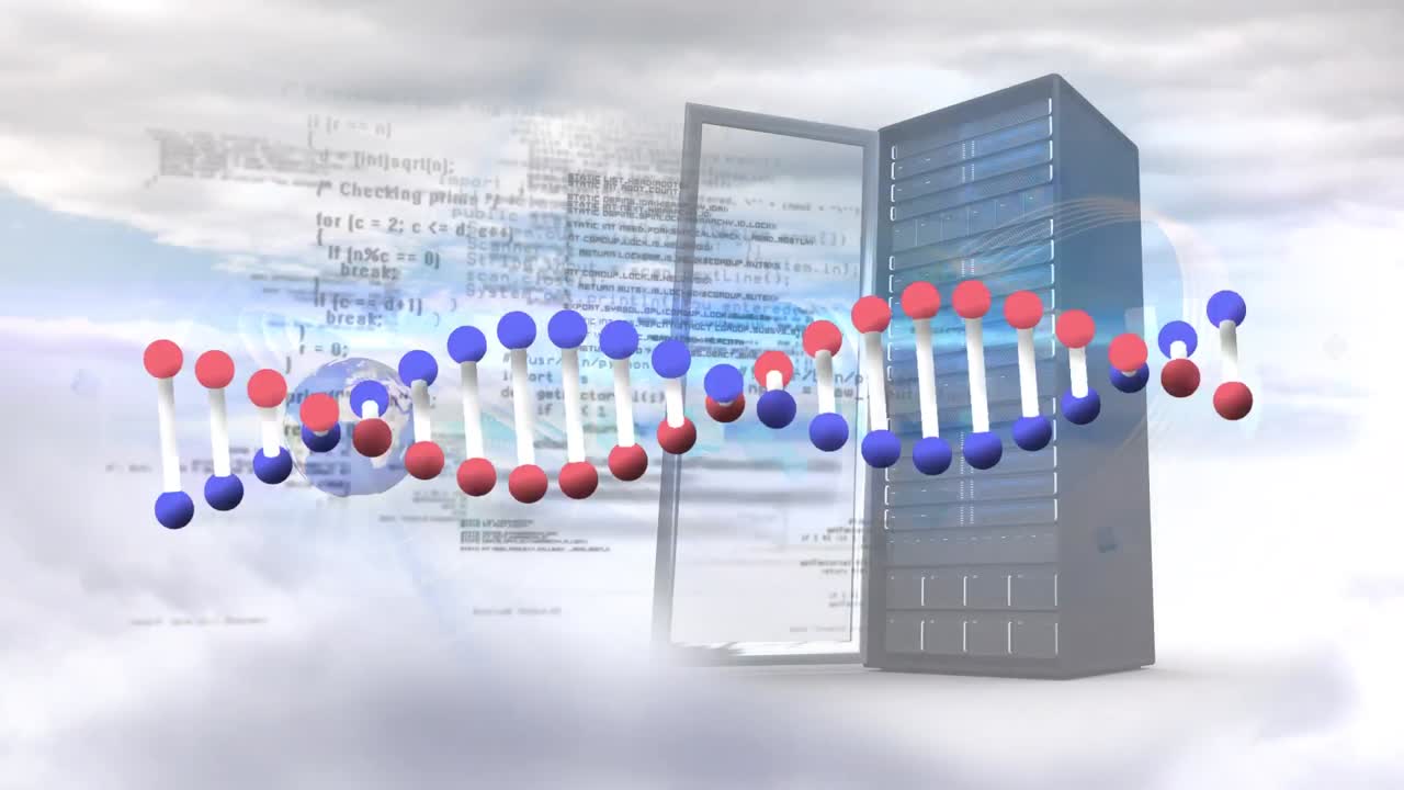 Animation of dna chain, data processing and server over clouds