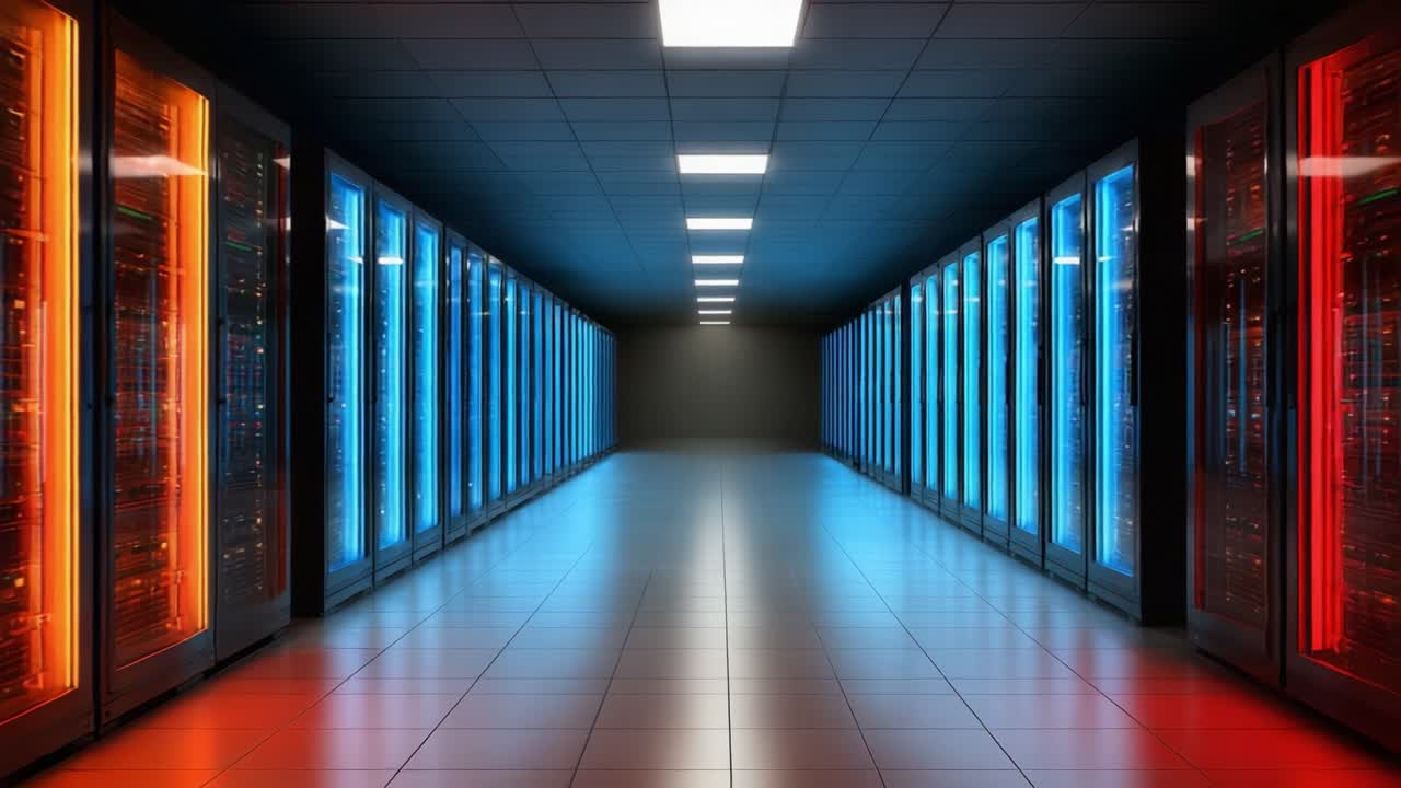 A High-Tech Data Center Featuring Rows of Servers Illuminated in Vibrant LED Colors, Creating a Dynamic and Modern Ambiance in the Space
