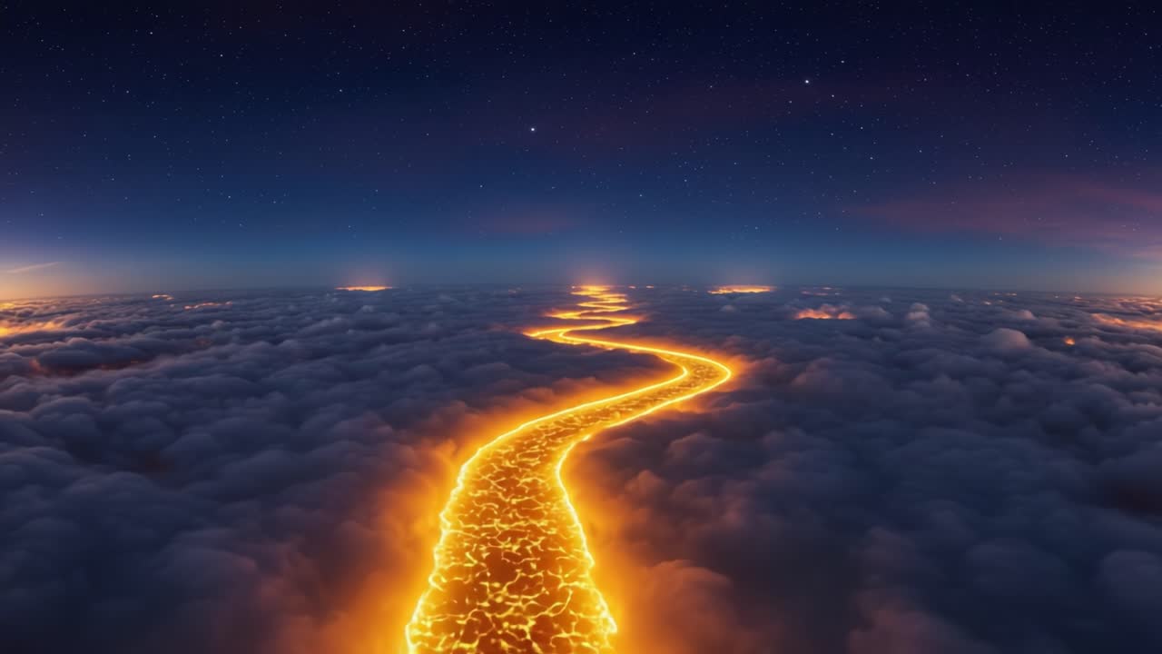 A Stunning View of a Glowing Lava Path Meandering Through the Clouds Against a Starry Night Sky, Capturing the Beauty of Nature's Fiery Display