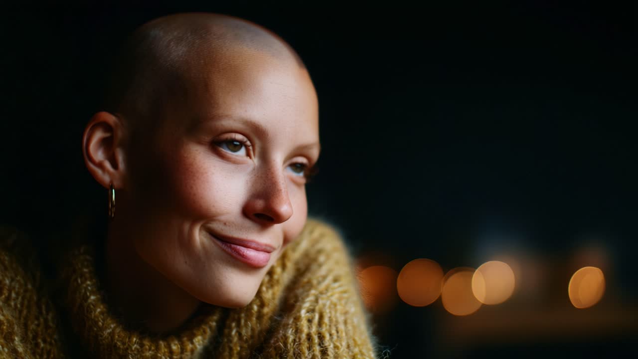Un sorriso caloroso illumina un momento speciale: ritratto accattivante di una persona sicura di sé con la testa rasata, illuminata da una luce soffusa, che emana positività e fascino in un'atmosfera tranquilla