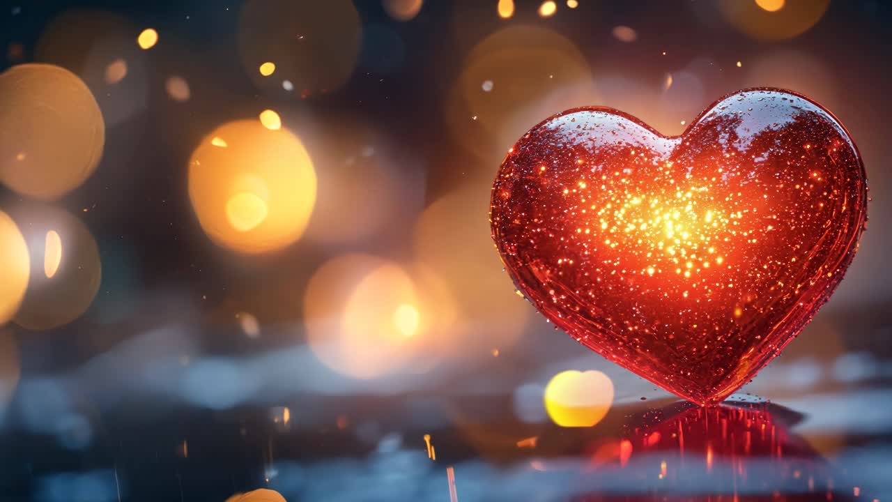 A heart with a glowing red center is surrounded by a blurry background. The heart is the main focus of the image, and the glowing red center draws attention to it